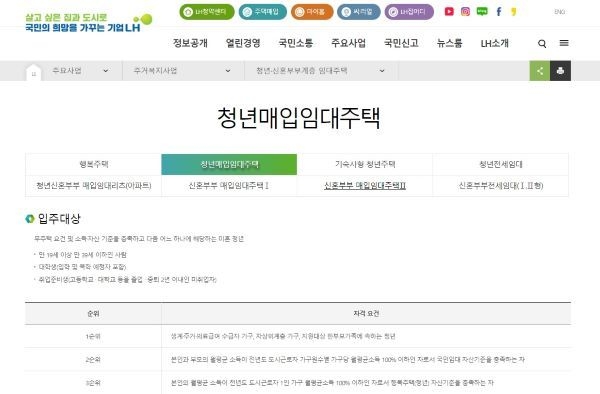 LH 홈페이지에 소개되고 있는 청년 매입임대주택 안내. /LH 홈페이지 캡처