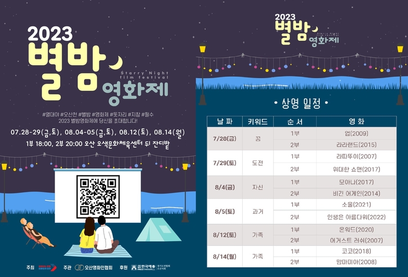 오산시(시장 이권재)가 오는 28일부터 오산천(오산오색문화체육센터 뒤편)에서 전 세대가 함께 영화를 즐길 수 있는 ‘2023 오산천 별밤영화제’를 개최한다고 밝혔다.