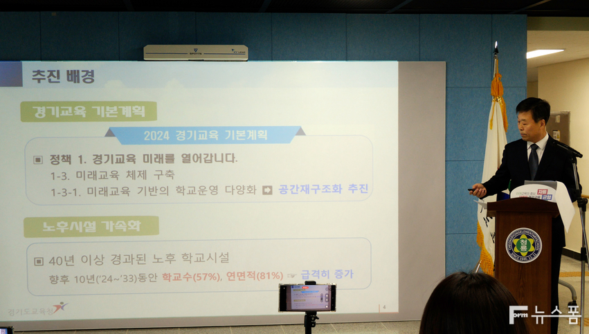 경기도교육청은 2021년부터 2023년까지 진행한 화성 청룡초등학교(경기도 화성시 비봉면 주석로 610)의 '그린스마트스쿨' 사례 소개를 위해 24일 청룡초에서 '경기형 공간재구조화 사업 5개년 기본계획' 관련 언론 브리핑을 실시했다. 사진은 경기도교육청 공유택 학교공간조성담당관이 브리핑을 하고 있는 모습.