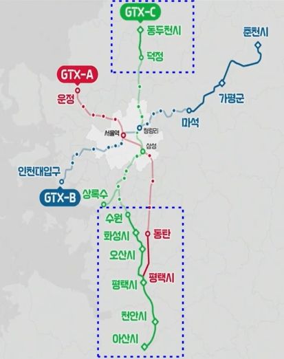 GTX A.C노선 연장 노선도(국토교통부 발표 자료 일부 편집)