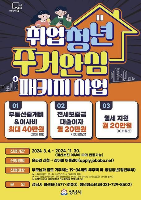 성남시는 ‘취업청년 주거안심 패키지 3종 사업’ 안내 포스터