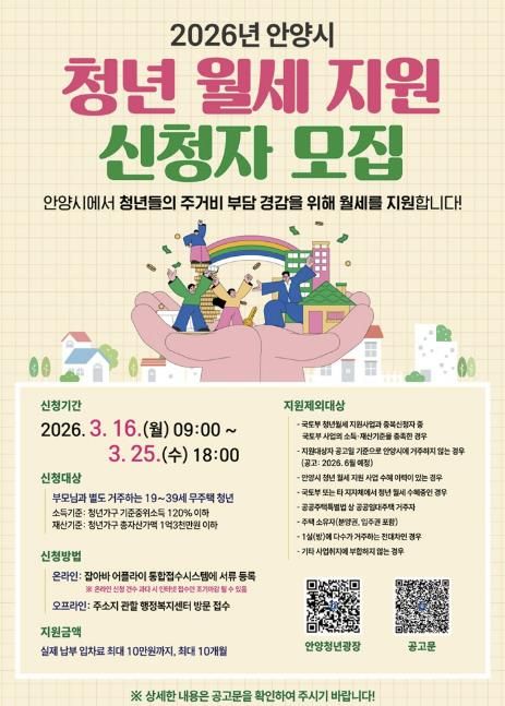 안양시, ‘청년 월세 지원’ 지급 대상 확대…소득・재산기준 완화